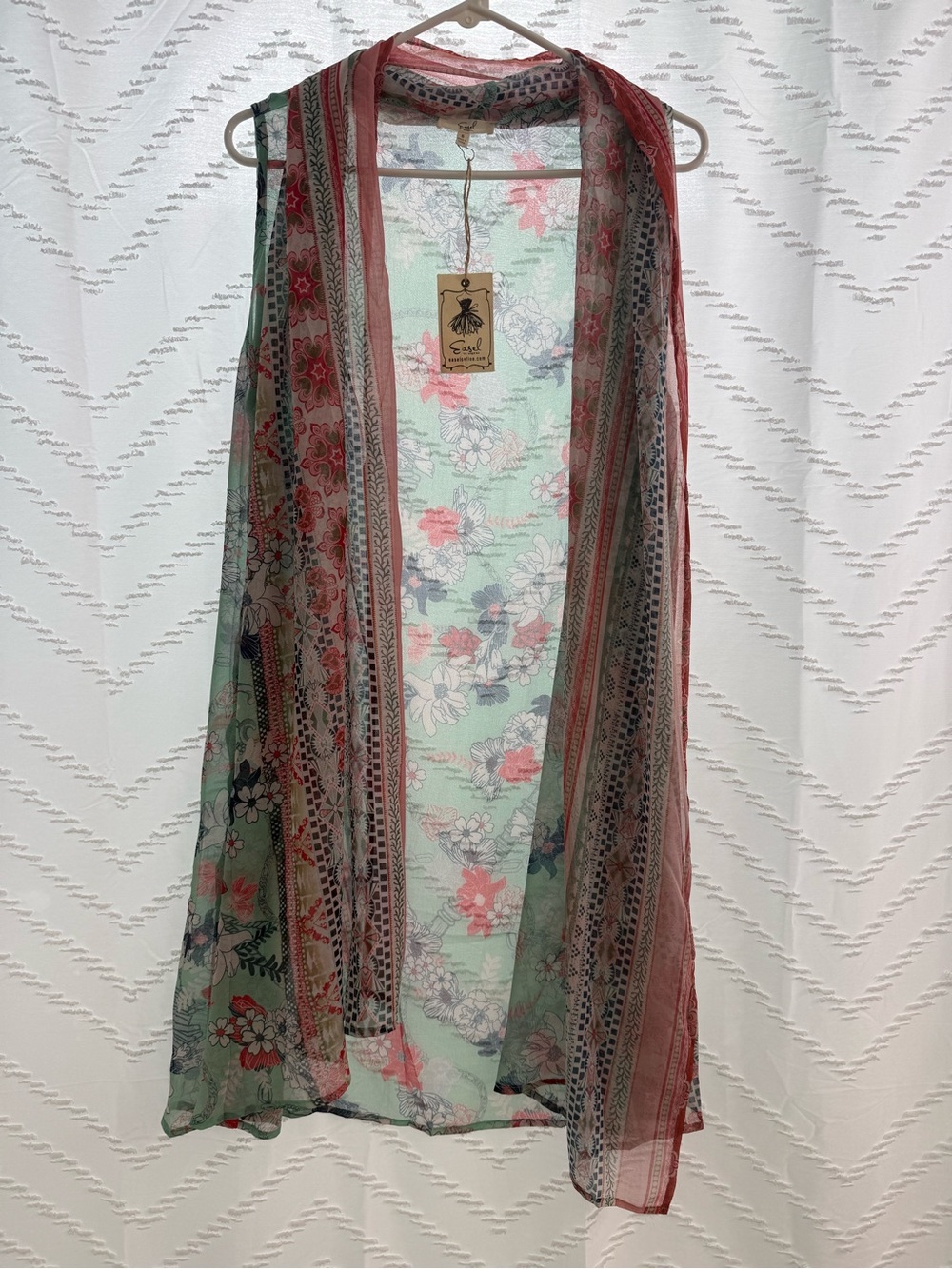 Easel Sheer Floral Kimono Vest in Mint and Coral